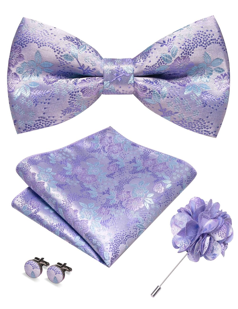 9168 Floral Pre-tied Lavender Bow Tie and Pocket Square Cufflinks Lapel Pin